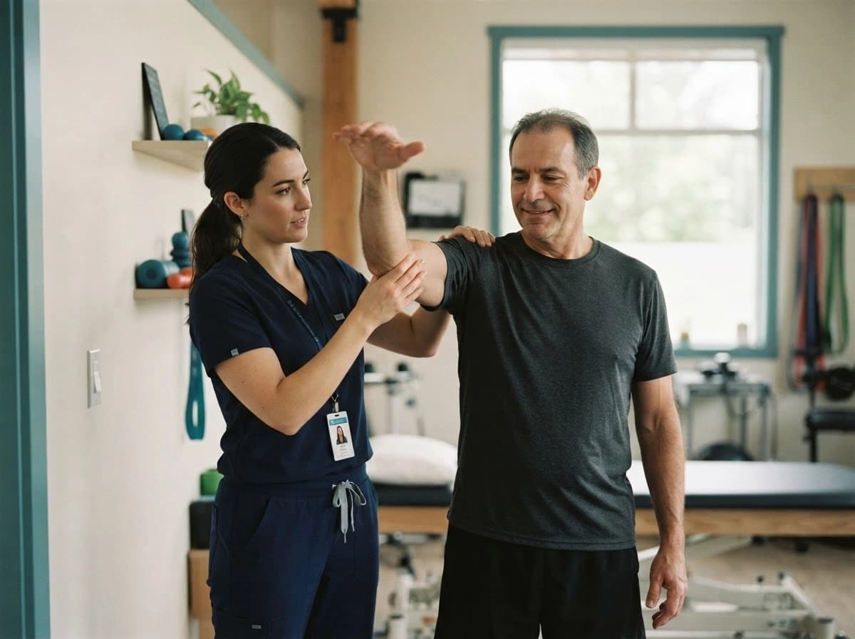 A physiotherapist guiding a patient's arm stretch in a clinic