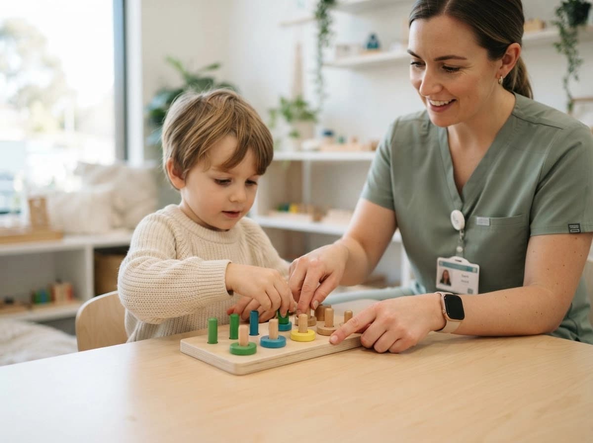 An occupational therapist playing a sorting game with a young child