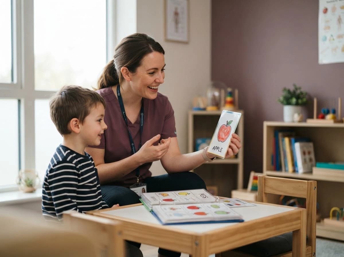 A speech therapist using picture cards with a young child