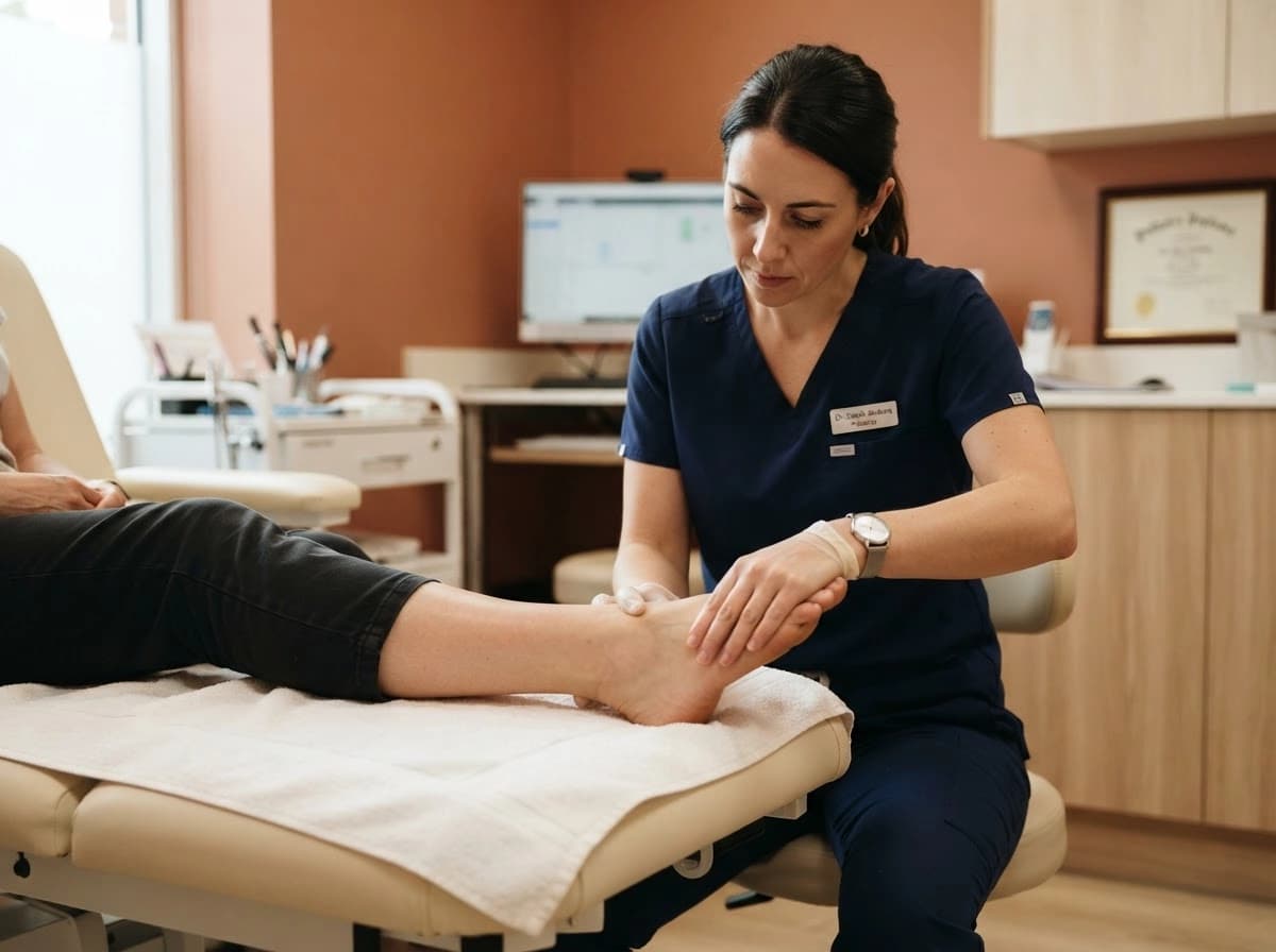 A podiatrist treating a patient's foot in a treatment room